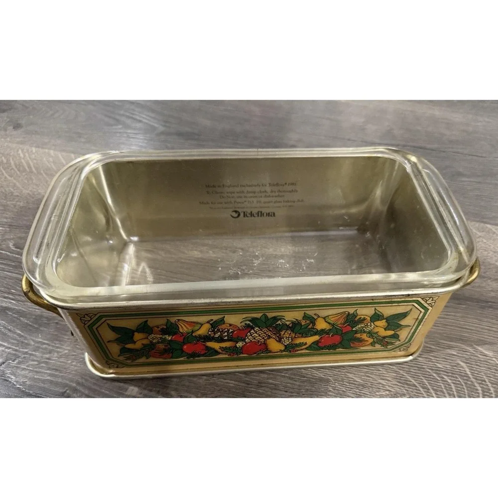 Teleflora Pyrex Loaf Pan Carrier Vintage 1981 Fruit Tin 1.5 Qt,Glass Baking Dish